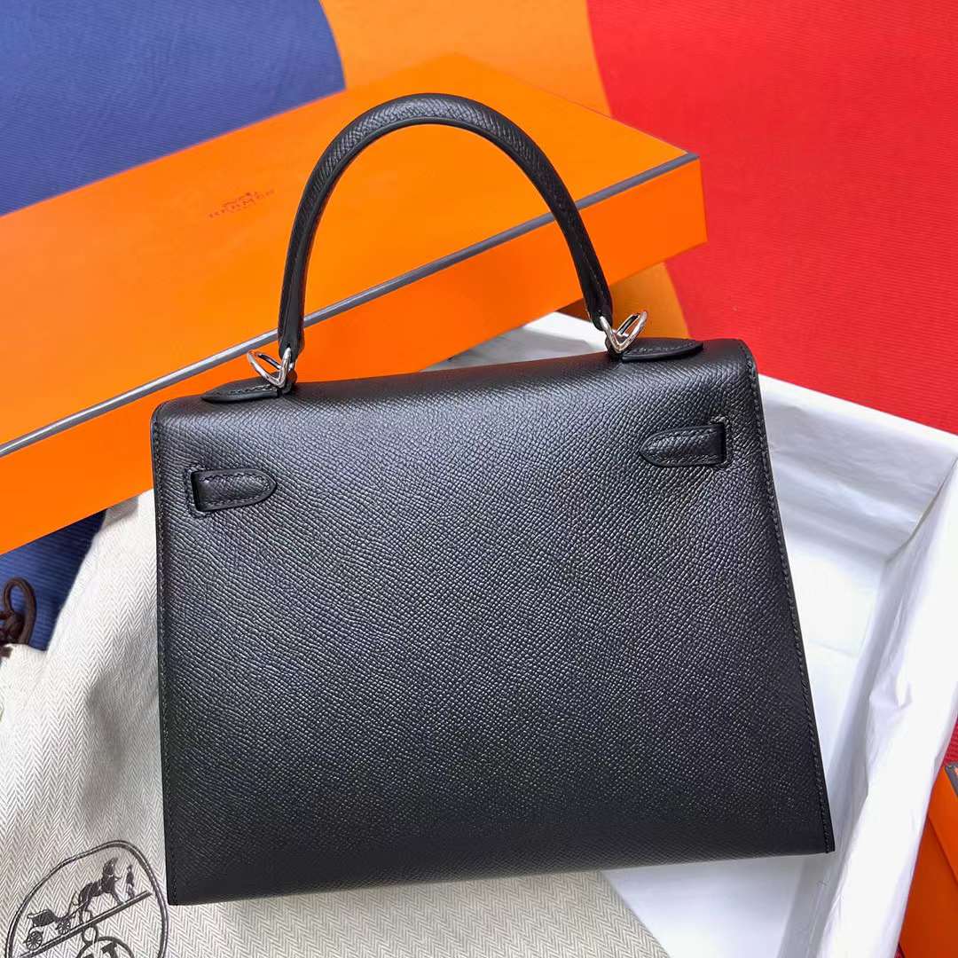 Hermès（爱马仕）Kelly 凯莉包 Epsom Ck89 黑色 银扣 25cm 全手工蜡线缝制 Phw
