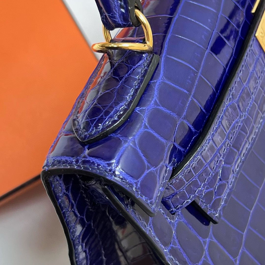 Hermès（爱马仕）Kelly 凯莉包 Crocodile shiny 亮面尼罗鳄鱼皮 7T 电光蓝 金扣 GHW 28cm 顶级手缝