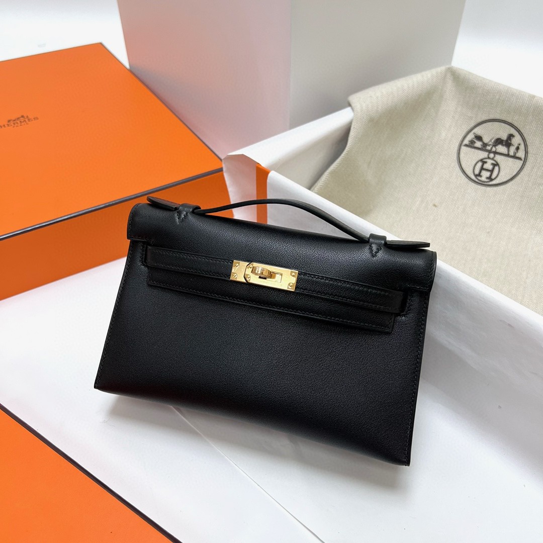 Hermès（爱马仕）Mini Kelly pochette Swift ck89 黑色 Noir 金扣 Ghw 22cm 顶级手缝