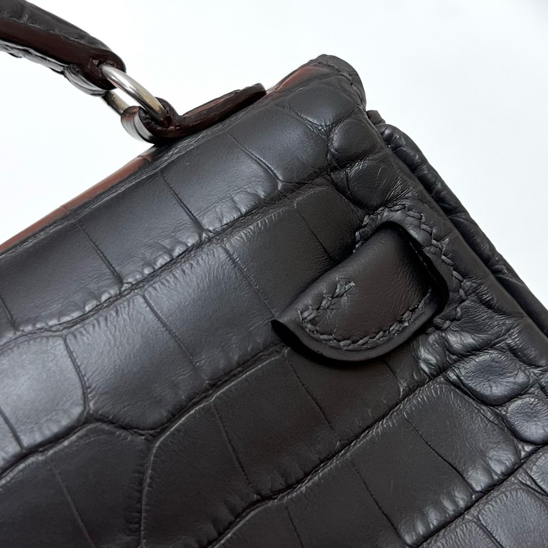 Hermès（爱马仕）Kelly doll Swift 拼 Alligator matt 雾面鳄鱼皮 ck88 石墨灰 Graphite 银扣 Phw 16cm 顶级手缝