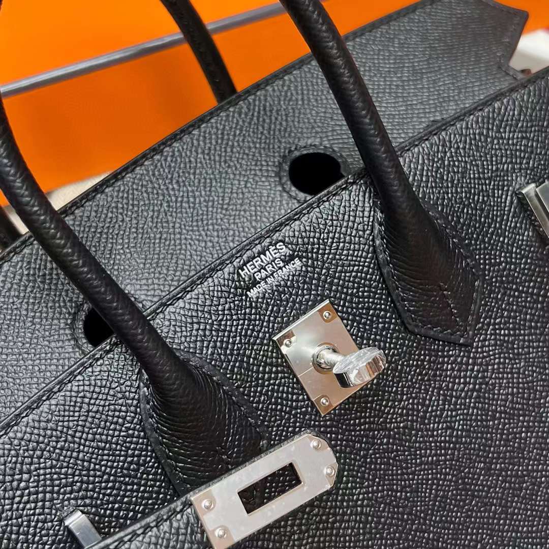 Hermès（爱马仕）Birkin 铂金包 Sellier Epsom Ck89 黑色 银扣 25cm 全手工蜡线缝制 Phw