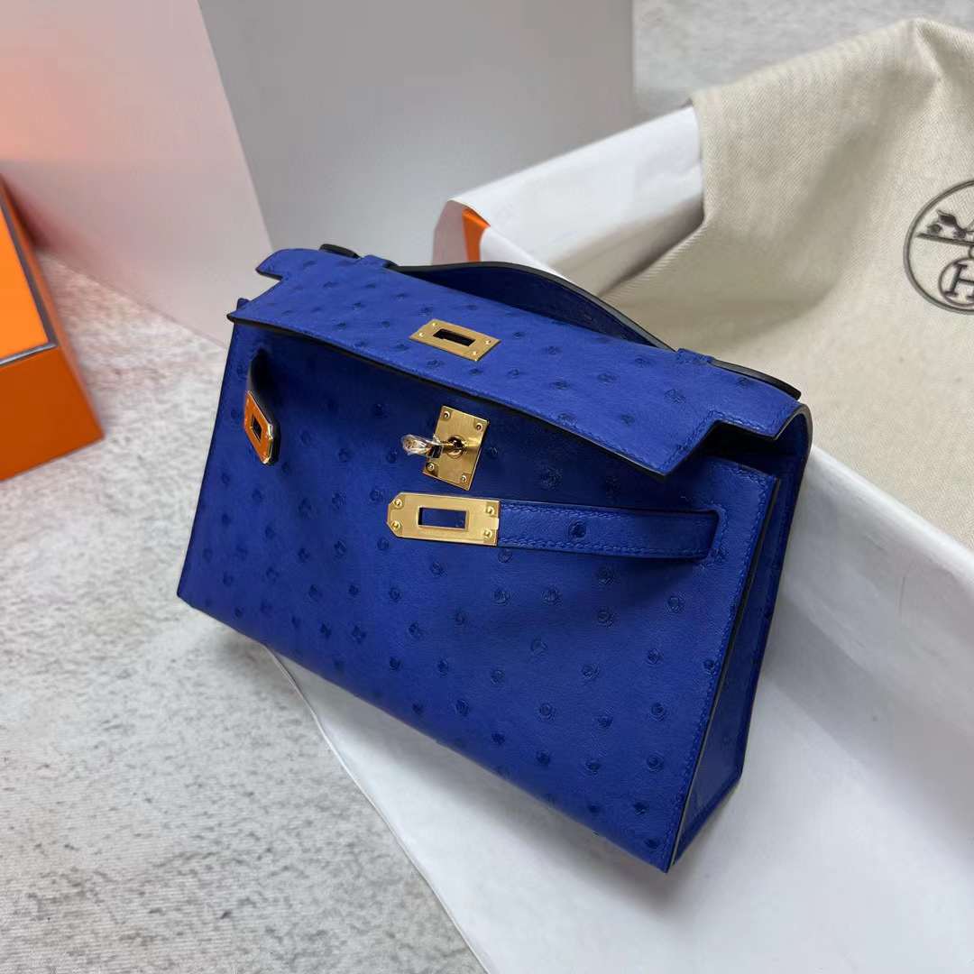 Hermès（爱马仕）Mini Kelly Pochette Ostrich 鸵鸟皮 7T 电光蓝 金扣 22cm 全手工蜡线缝制 Ghw