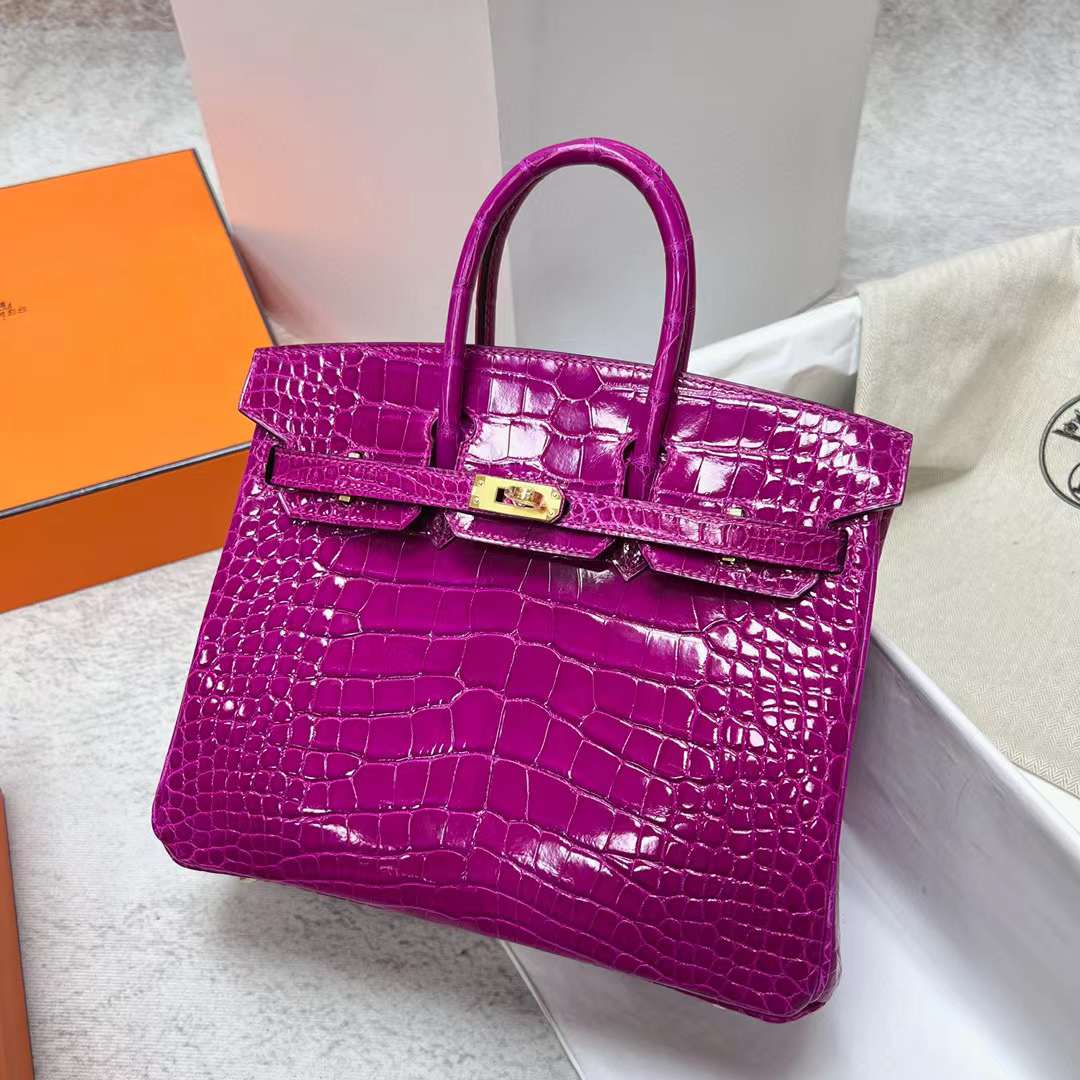 Hermès（爱马仕）Birkin 铂金包 亮面美洲鳄鱼皮 J5 天方夜谭粉紫 金扣 25cm 全手工蜡线缝制 Ghw