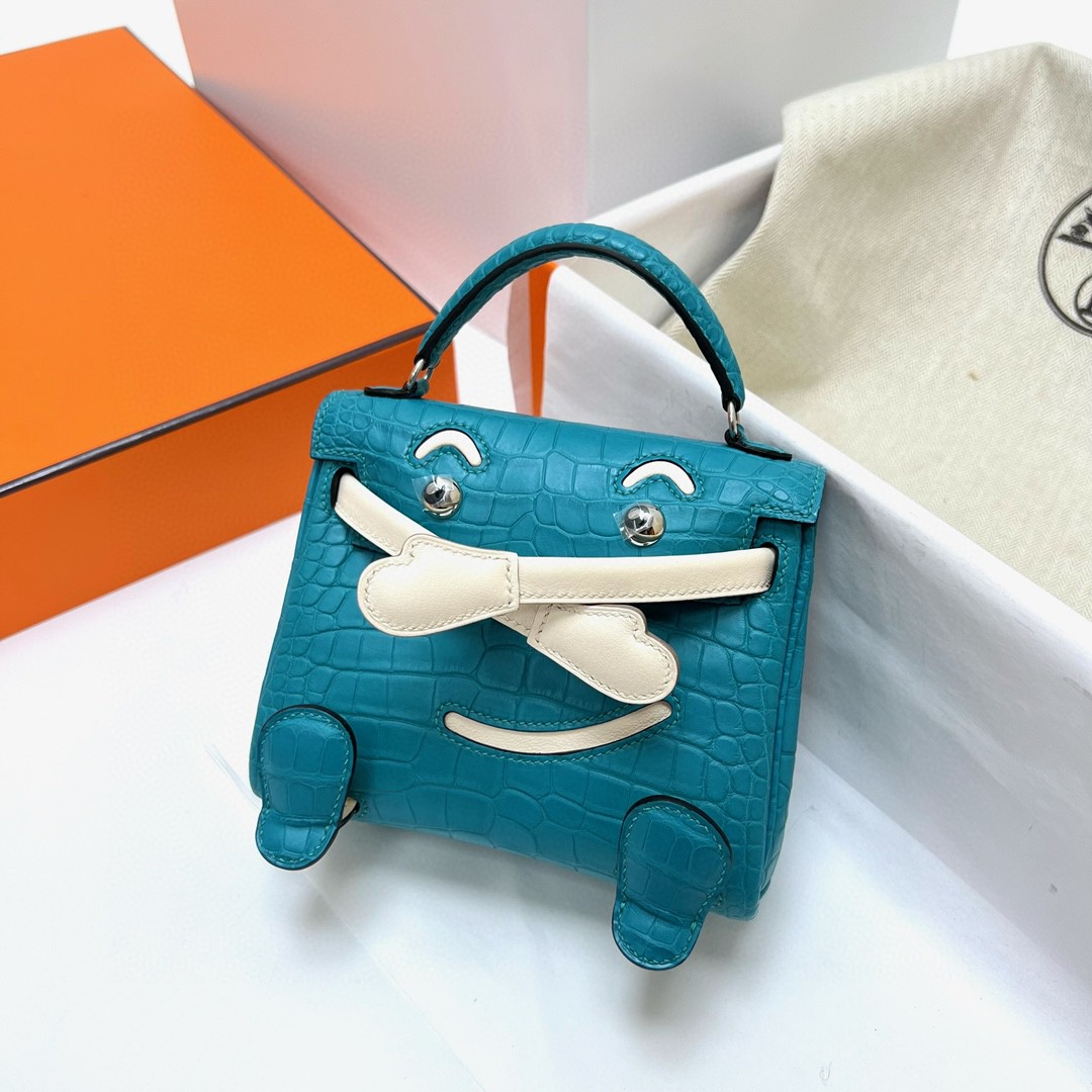 Hermès（爱马仕）Kelly doll Swift 拼 Alligator matt 雾面鳄鱼皮 孔雀蓝 blue paon 拼 奶油白 银扣 Phw 16cm 顶级手缝