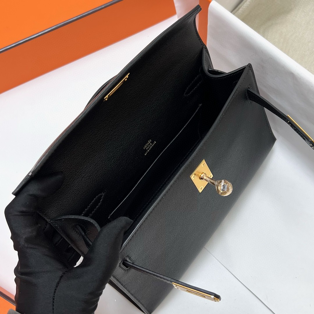 Hermès（爱马仕）Mini Kelly pochette Swift ck89 黑色 Noir 金扣 Ghw 22cm 顶级手缝
