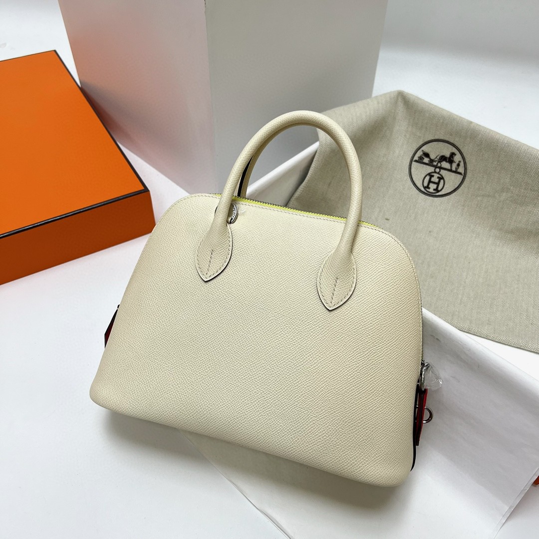 Hermès（爱马仕）Bolide 保龄球包 Epsom 掌纹皮 nata 奶油白 三拼 银扣 25cm 顶级手缝