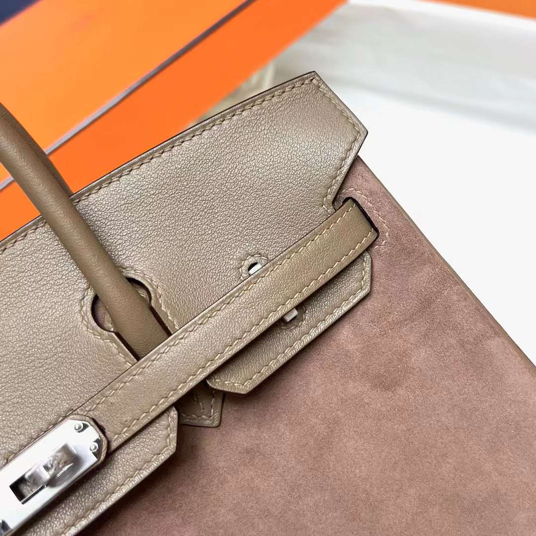 Hermès（爱马仕）Birkin 铂金包 Suede 拼 Swift Ck18 大象灰 银扣 25cm 全手工蜡线缝制 Phw