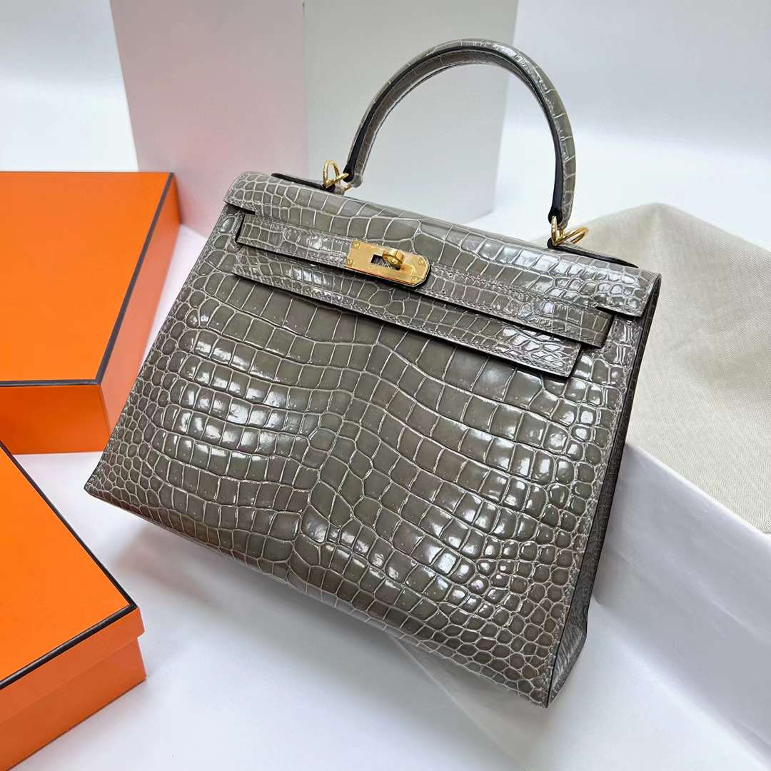 Hermès（爱马仕）Kelly 凯莉包 亮面倒v澳洲湾鳄 Shiny Porosus Crocodile Ck81 斑鸠灰 金扣 28cm 全手工蜡线缝制 Ghw