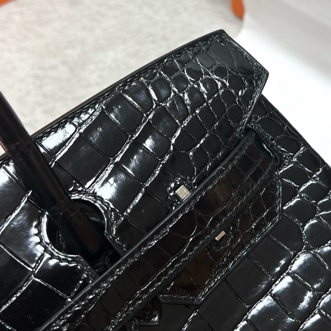 Hermès（爱马仕）Birkin 铂金包 Porosus shiny 亮面鳄鱼皮 ck89 黑色 Noir 银扣 PHW 30cm 顶级手缝