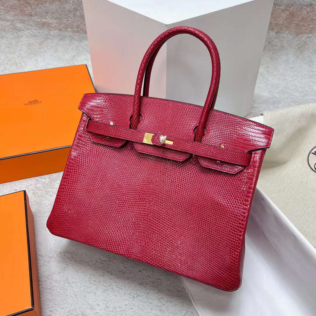 Hermès（爱马仕）Birkin 铂金包 Lizard 进口蜥蜴皮 Q5 国旗红 金扣 30cm 全手工蜡线缝制 Ghw