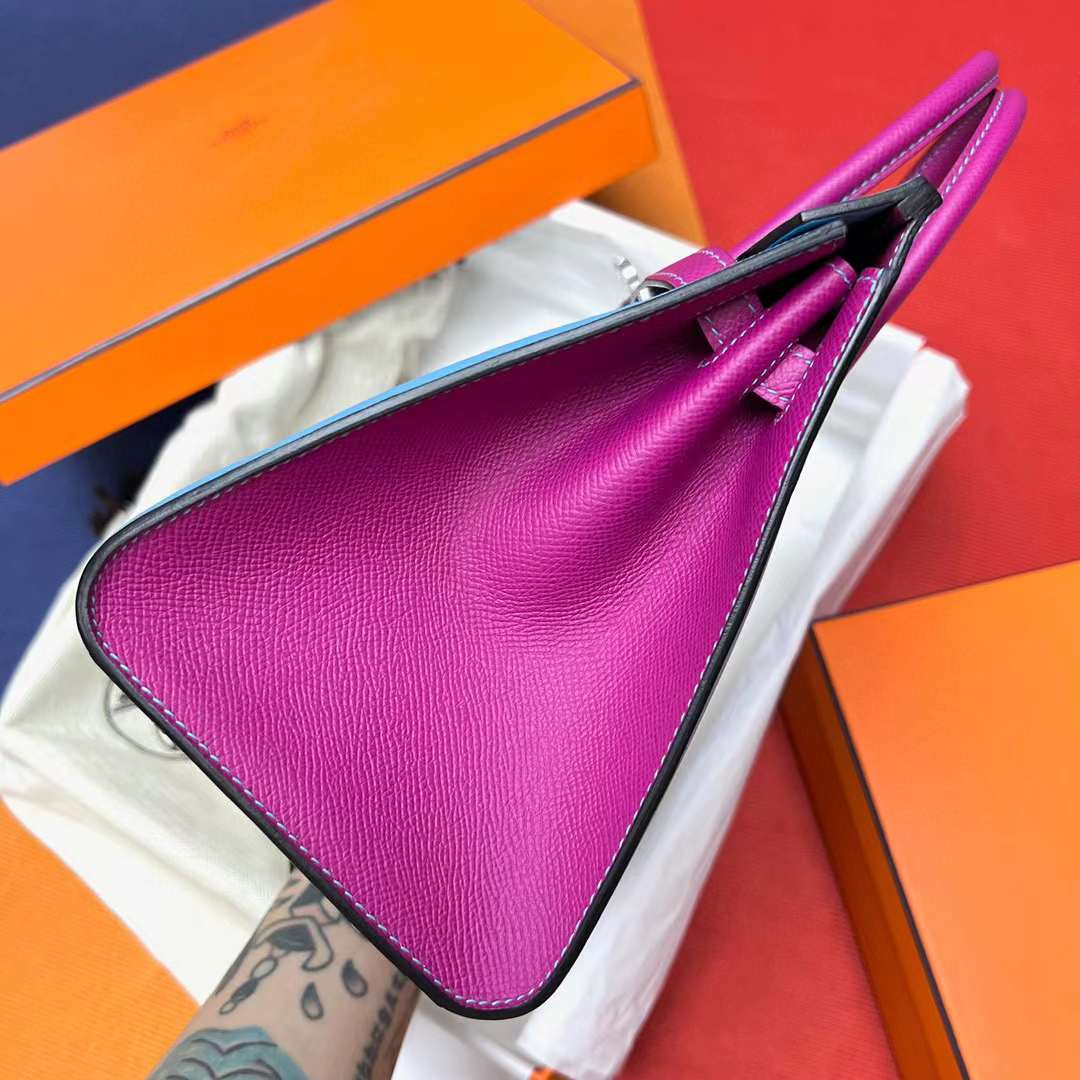 Hermès（爱马仕）Birkin 铂金包 Sellier Epsom P3 北方蓝 拼 L3 玫瑰紫 拉丝银扣 25cm 全手工蜡线缝制 MPhw