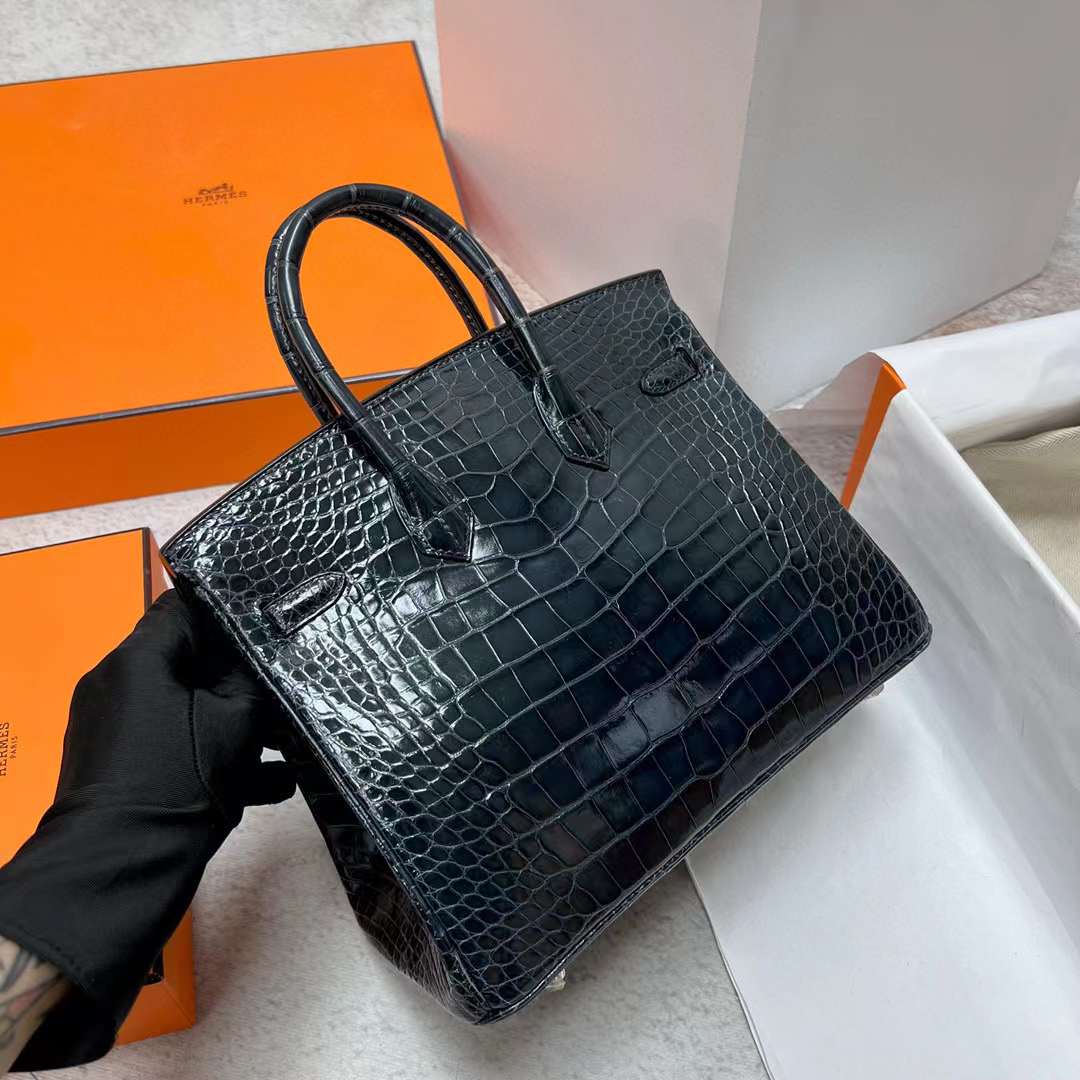 Hermès（爱马仕）Birkin 铂金包 亮面美洲鳄鱼皮 Shiny Alligator Crocodile 6Q 翡翠绿 银扣 25cm 全手工蜡线缝制 Phw