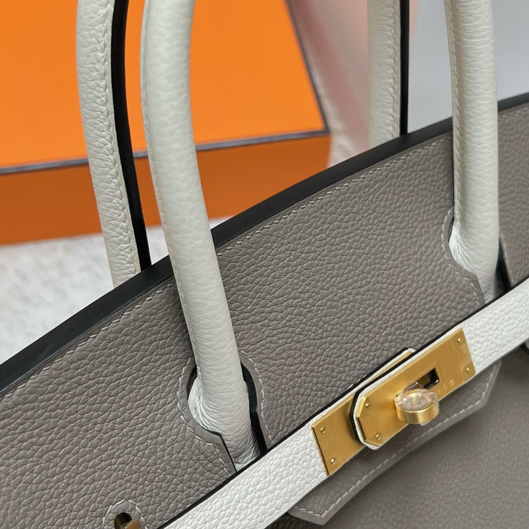 Hermès（爱马仕）Birkin 铂金包 togo 小牛皮 沥青灰 拼 奶油白 金扣 GHW 马蹄印 30cm 顶级手缝