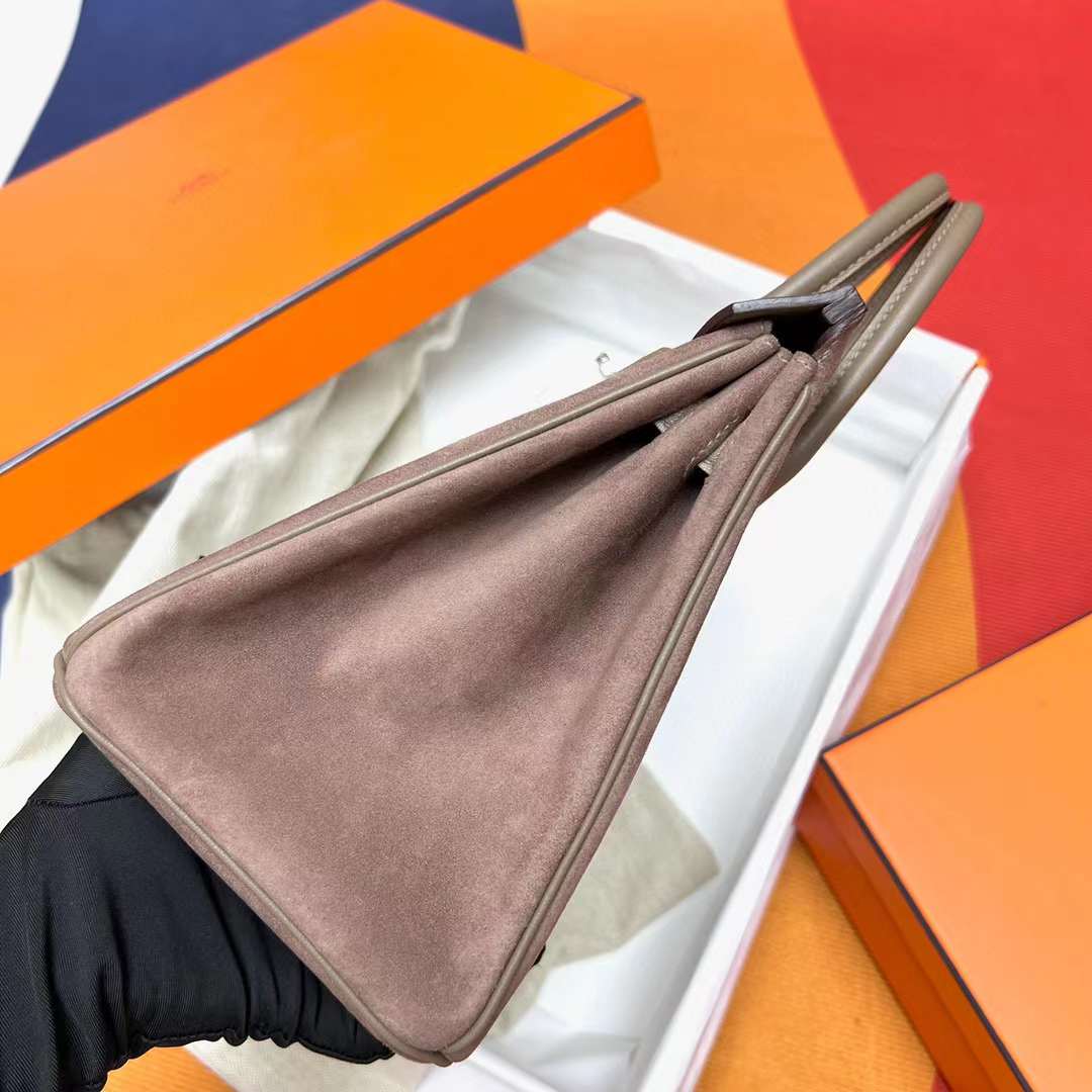 Hermès（爱马仕）Birkin 铂金包 Suede 拼 Swift Ck18 大象灰 银扣 25cm 全手工蜡线缝制 Phw