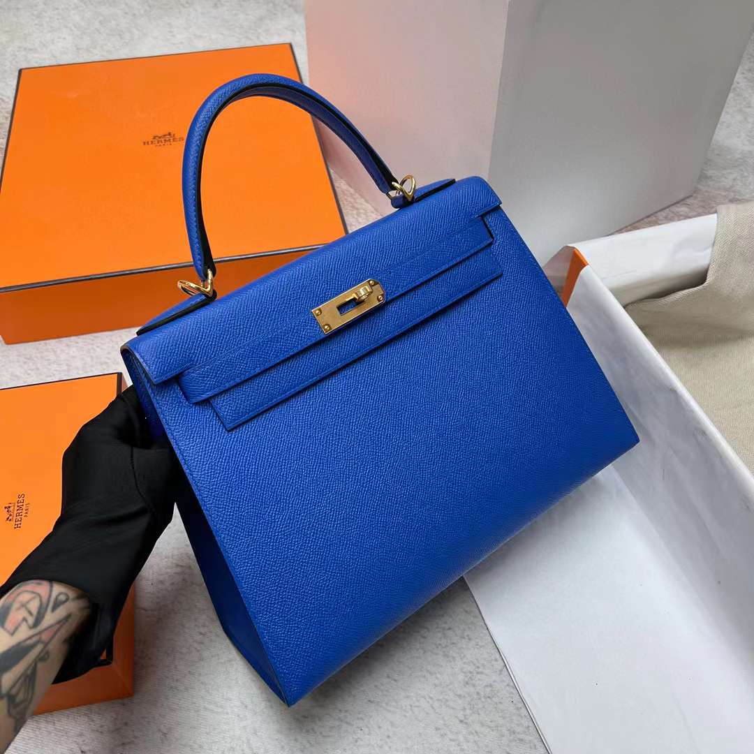 Hermès（爱马仕）Kelly 凯莉包 Epsom O8 法国蓝 金扣 28cm 全手工蜡线缝制 Phw