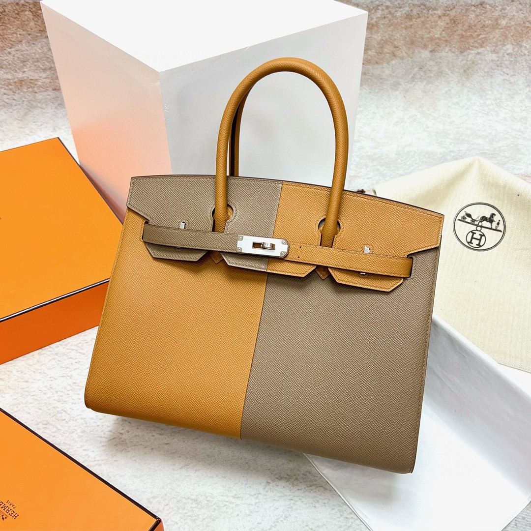 Hermès（爱马仕）Birkin 铂金包 Epsom 原厂掌纹皮 芝麻色 拼 大象灰 银扣 Phw 30cm