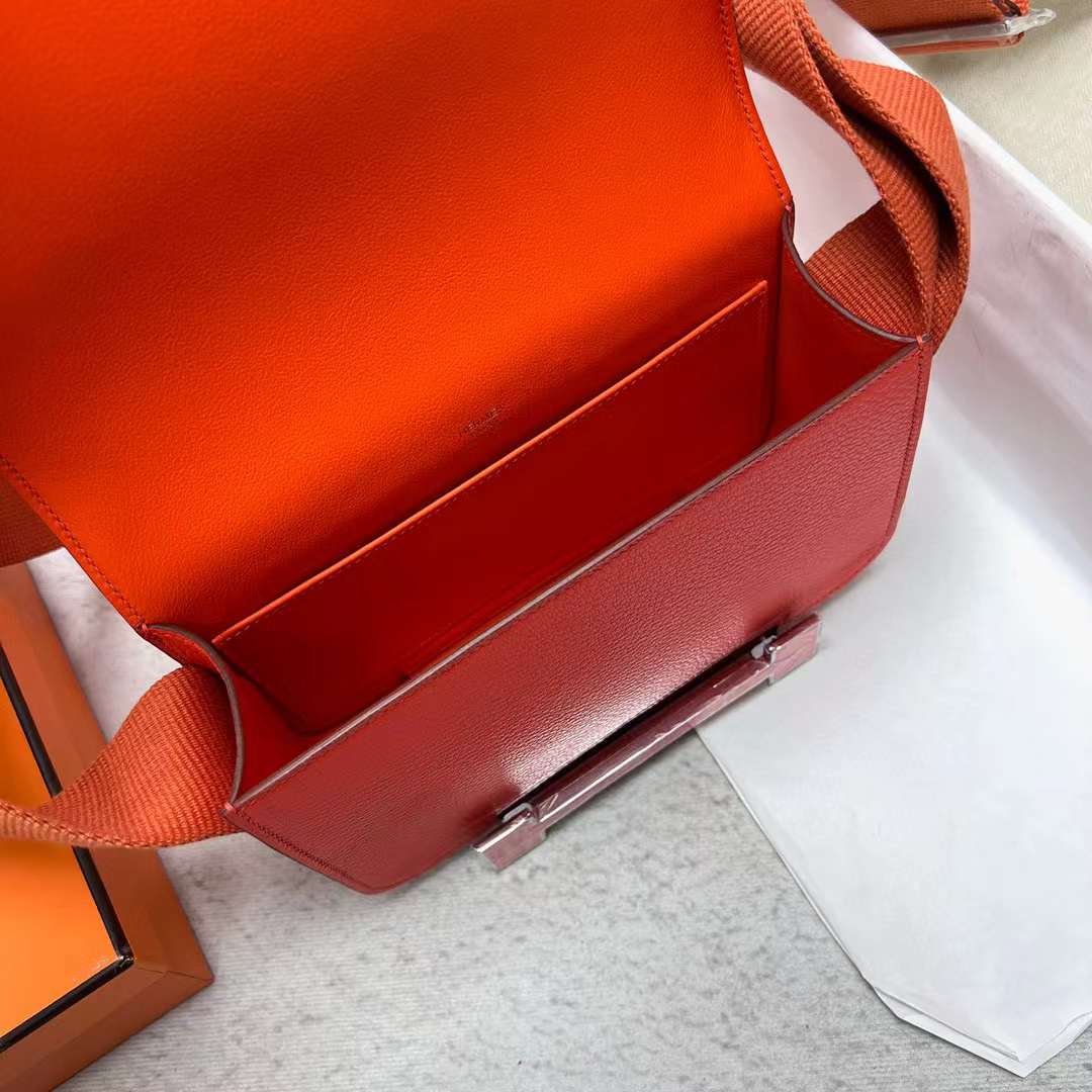 Hermès（爱马仕）Geta 木屐包 Chevre 进口山羊皮 J9 火焰橙 银扣 20cm 全手工蜡线缝制 Phw