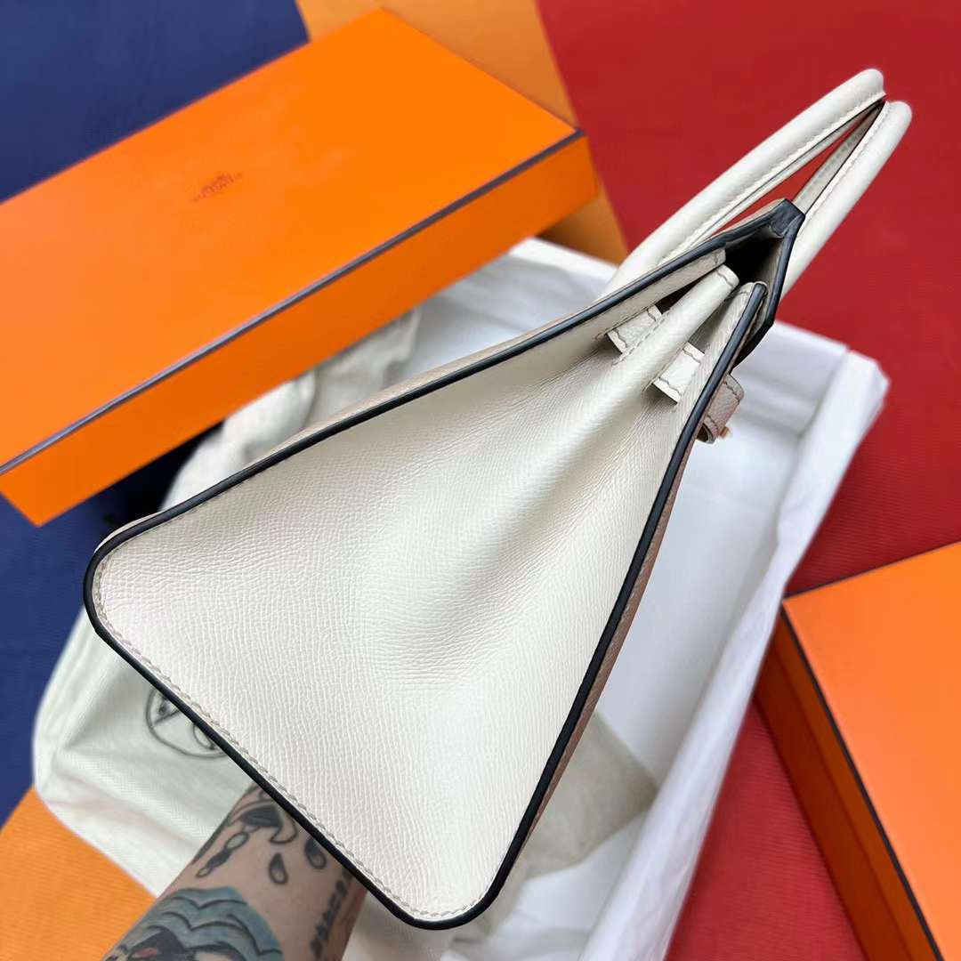 Hermès（爱马仕）Birkin 铂金包 Sellier Epsom S2 风衣灰 拼 ck10 奶昔白 拉丝金扣 25cm 全手工蜡线缝制 MPhw