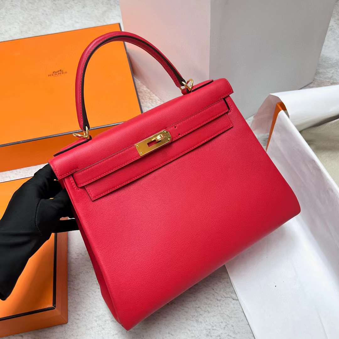 Hermès（爱马仕）Kelly 凯莉包 Swift S3 心红色 金扣 28cm 全手工蜡线缝制 Ghw