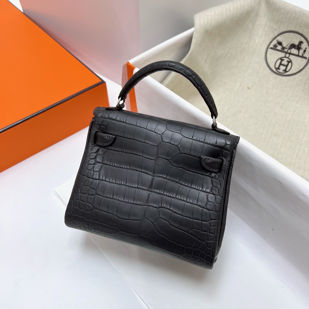Hermès（爱马仕）Kelly doll Swift 拼 Alligator matt 雾面鳄鱼皮 ck88 石墨灰 Graphite 银扣 Phw 16cm 顶级手缝