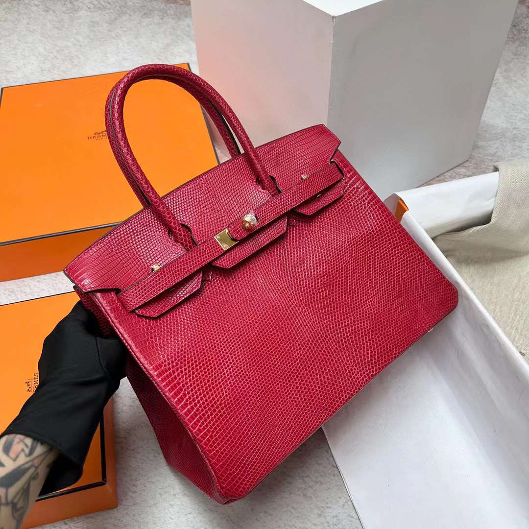 Hermès（爱马仕）Birkin 铂金包 Lizard 进口蜥蜴皮 Q5 国旗红 金扣 30cm 全手工蜡线缝制 Ghw
