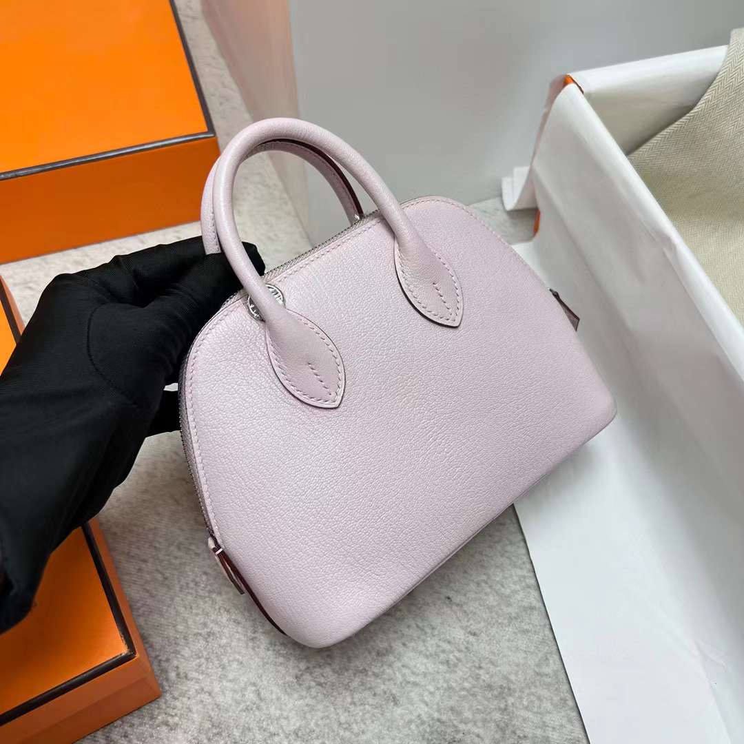 Hermès（爱马仕）Bolide 保龄球包 Chevre 进口山羊皮 09 梦幻粉紫 银扣 19cm 全手工蜡线缝制 Phw