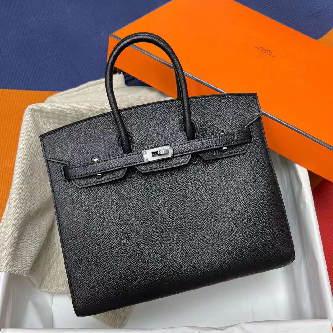 Hermès（爱马仕）Birkin 铂金包 Sellier Epsom Ck89 黑色 银扣 25cm 全手工蜡线缝制 Phw