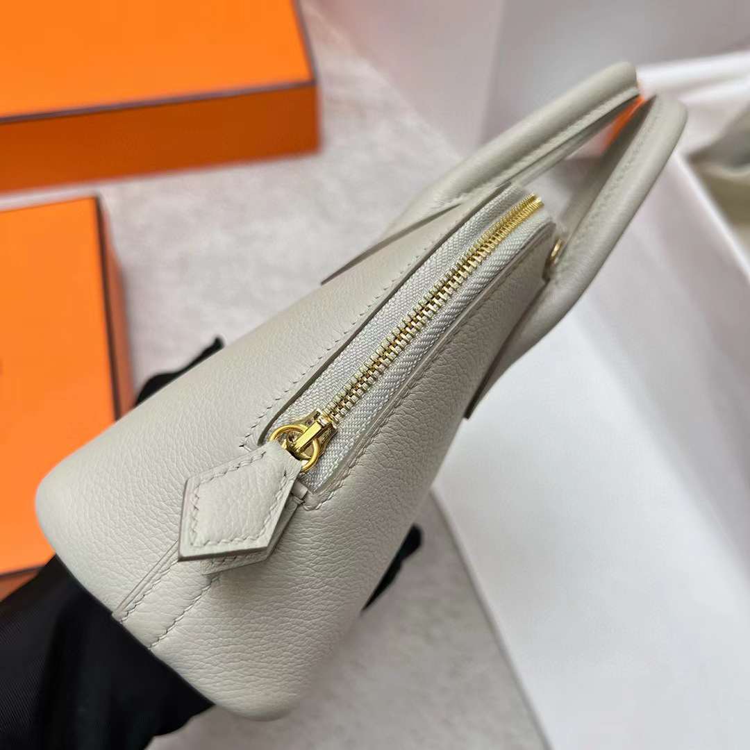 Hermès（爱马仕）Mini Bolide 迷你保龄球包 Evercolor Ck80 珍珠灰 金扣 19cm 全手工蜡线缝制 Ghw