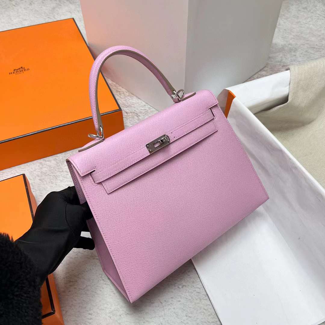 Hermès（爱马仕）Kelly 凯莉包 Epsom 09 梦幻粉紫 银扣 25cm 全手工蜡线缝制 Phw