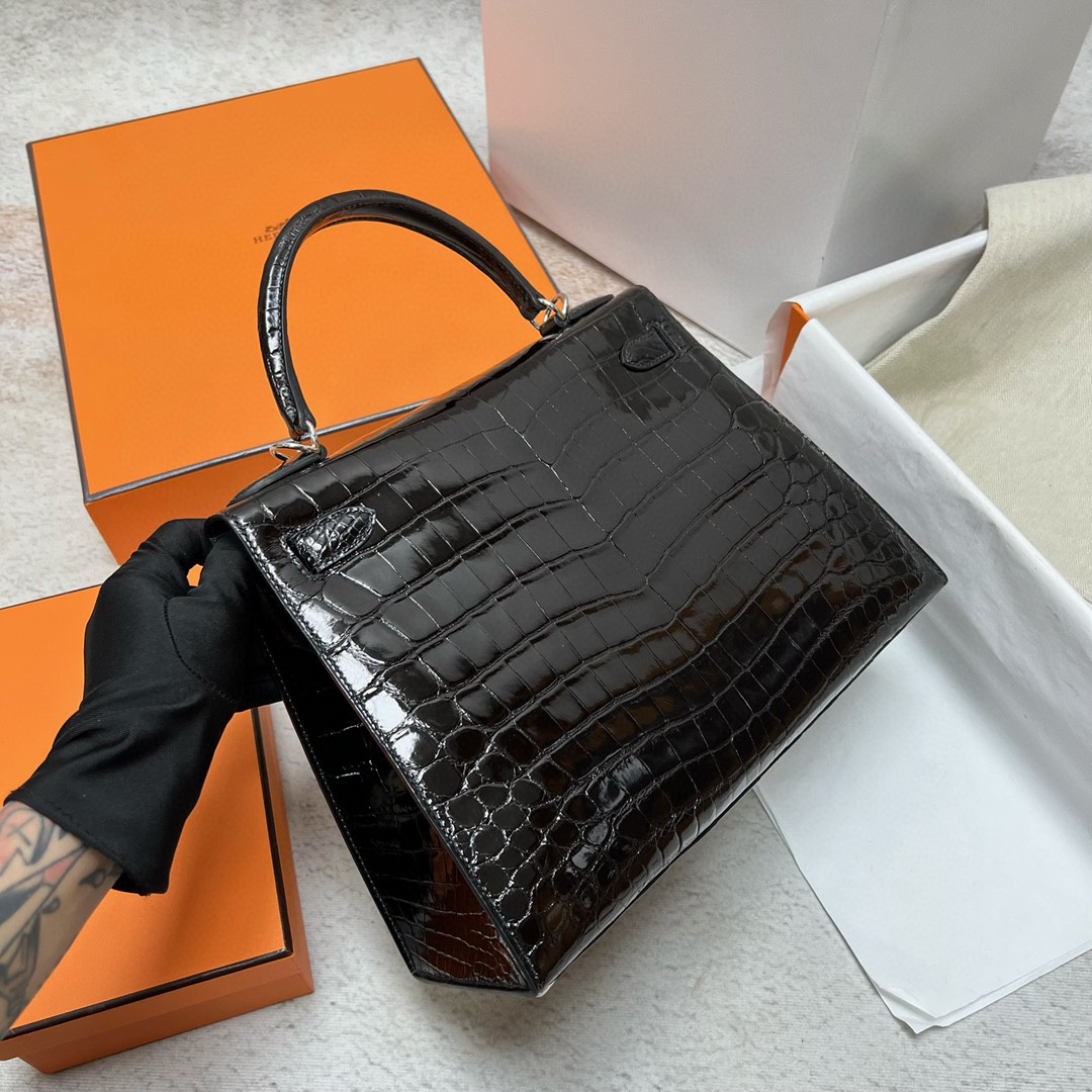 Hermès（爱马仕）Kelly 凯莉包 Crocodile shiny 亮面鳄鱼 ck89 黑色 Noir 银扣 Phw 28cm 顶级手缝