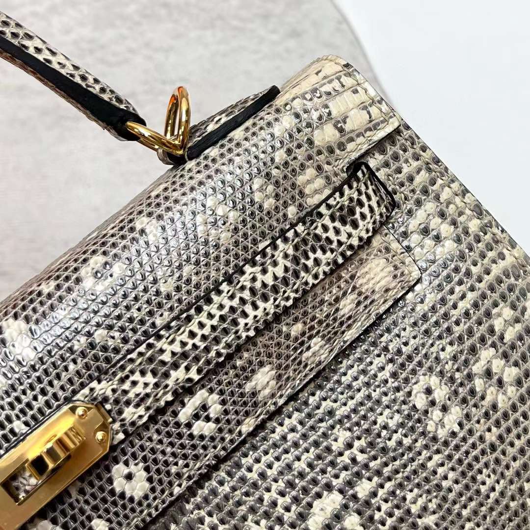 Hermès（爱马仕）Kelly 凯莉包 Lizard 进口蜥蜴皮 01 自然色 雪花色 金扣 25cm 全手工蜡线缝制 Phw