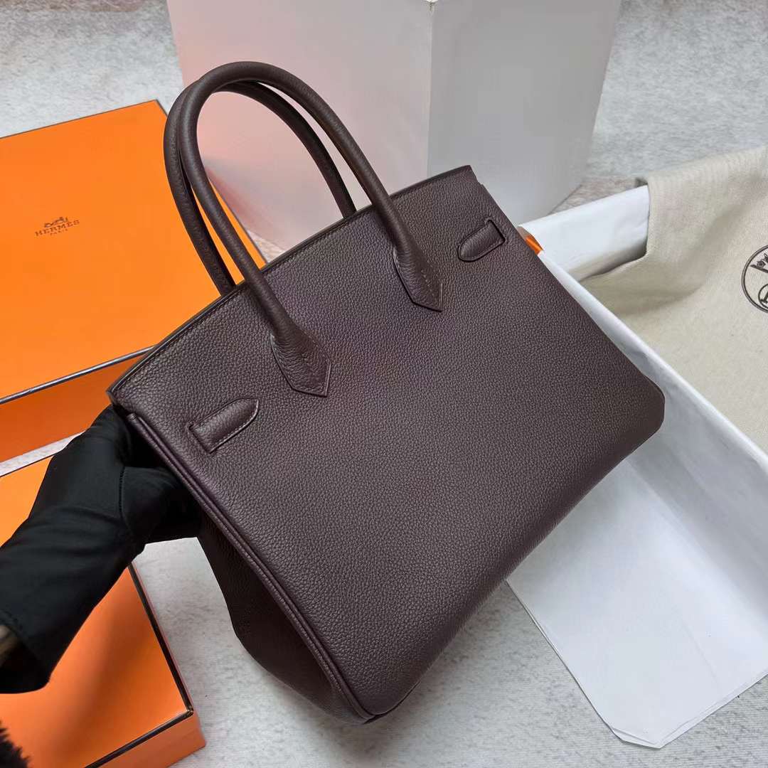 Hermès（爱马仕）Birkin 铂金包 Togo Ck46 乌木色 银扣 30cm 全手工蜡线缝制 Phw