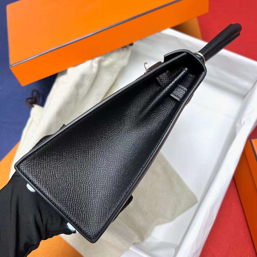 Hermès（爱马仕）Kelly 凯莉包 Epsom Ck89 黑色 银扣 25cm 全手工蜡线缝制 Phw