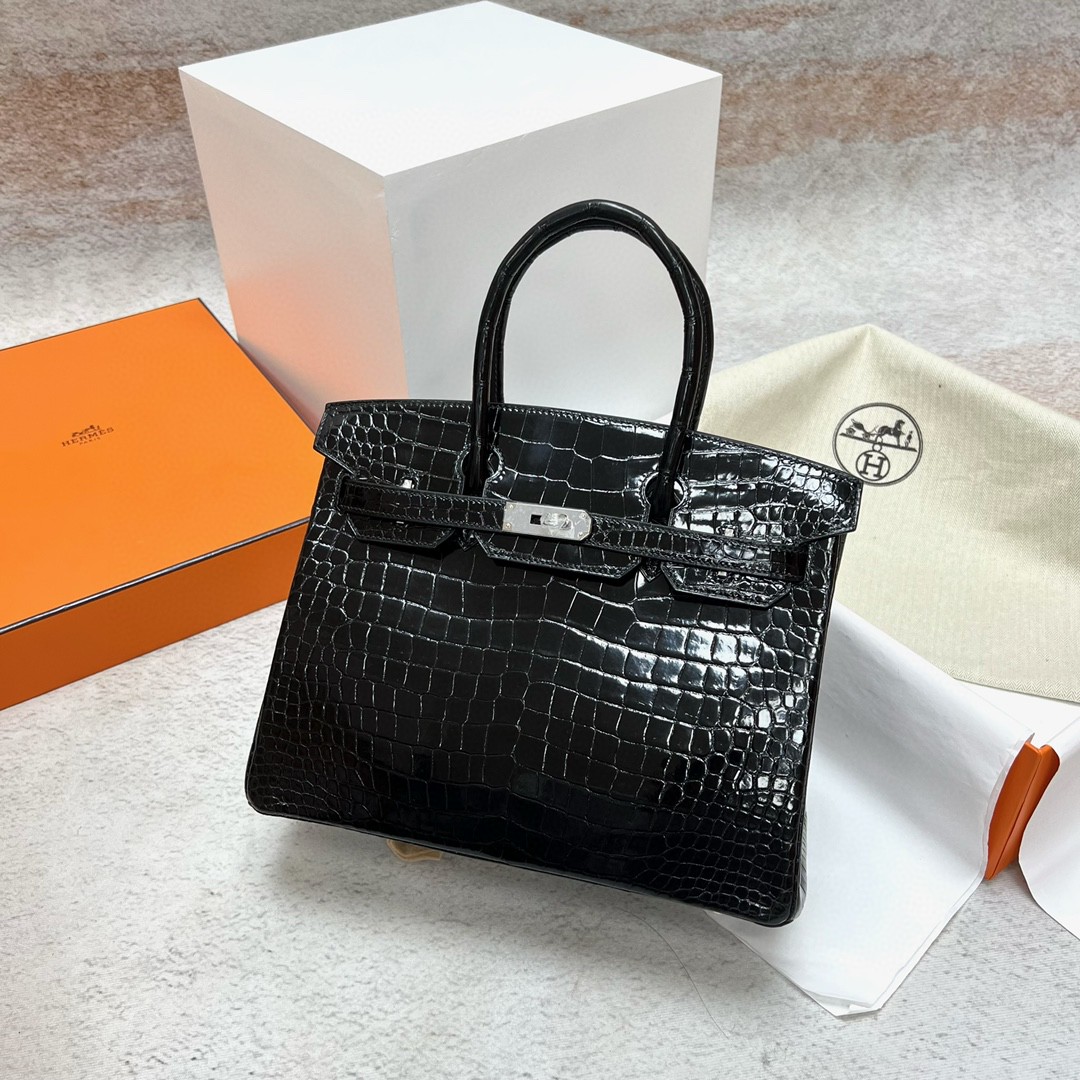 Hermès（爱马仕）Birkin 铂金包 Porosus shiny 亮面鳄鱼皮 ck89 黑色 Noir 银扣 PHW 30cm 顶级手缝