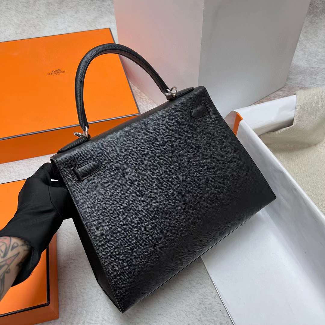 Hermès（爱马仕）Kelly 凯莉包 Epsom Ck89 黑色 银扣 28cm 全手工蜡线缝制 Ghw