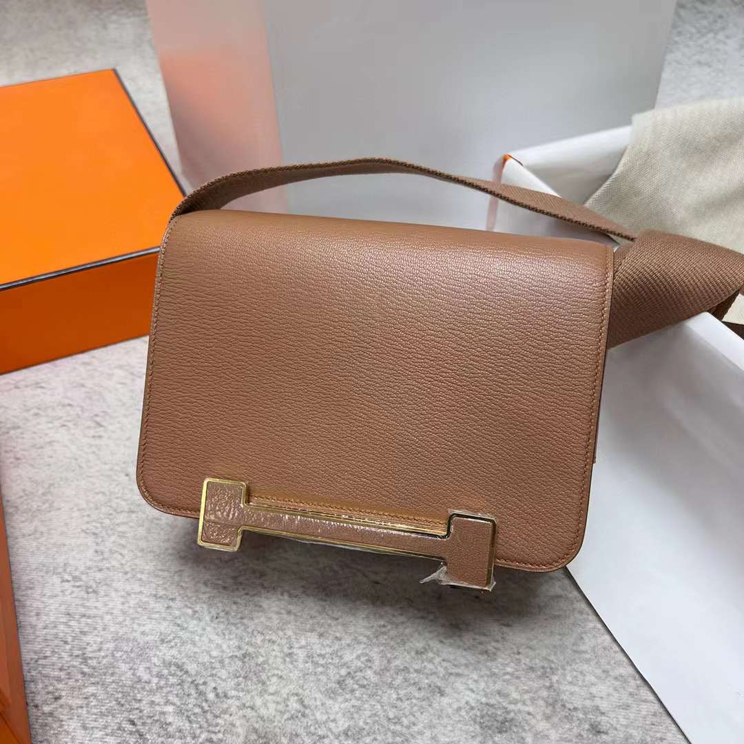 Hermès（爱马仕）Geta 木屐包 Chevre 进口山羊皮 2J 雀木色 金扣 20cm 全手工蜡线缝制 Ghw