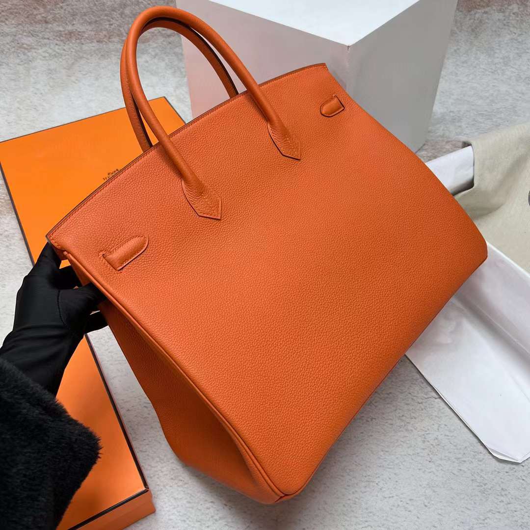 Hermès（爱马仕）Birkin 铂金包 Togo Ck93 橙色 内拼 玫瑰紫 银扣 40cm 全手工蜡线缝制 Phw