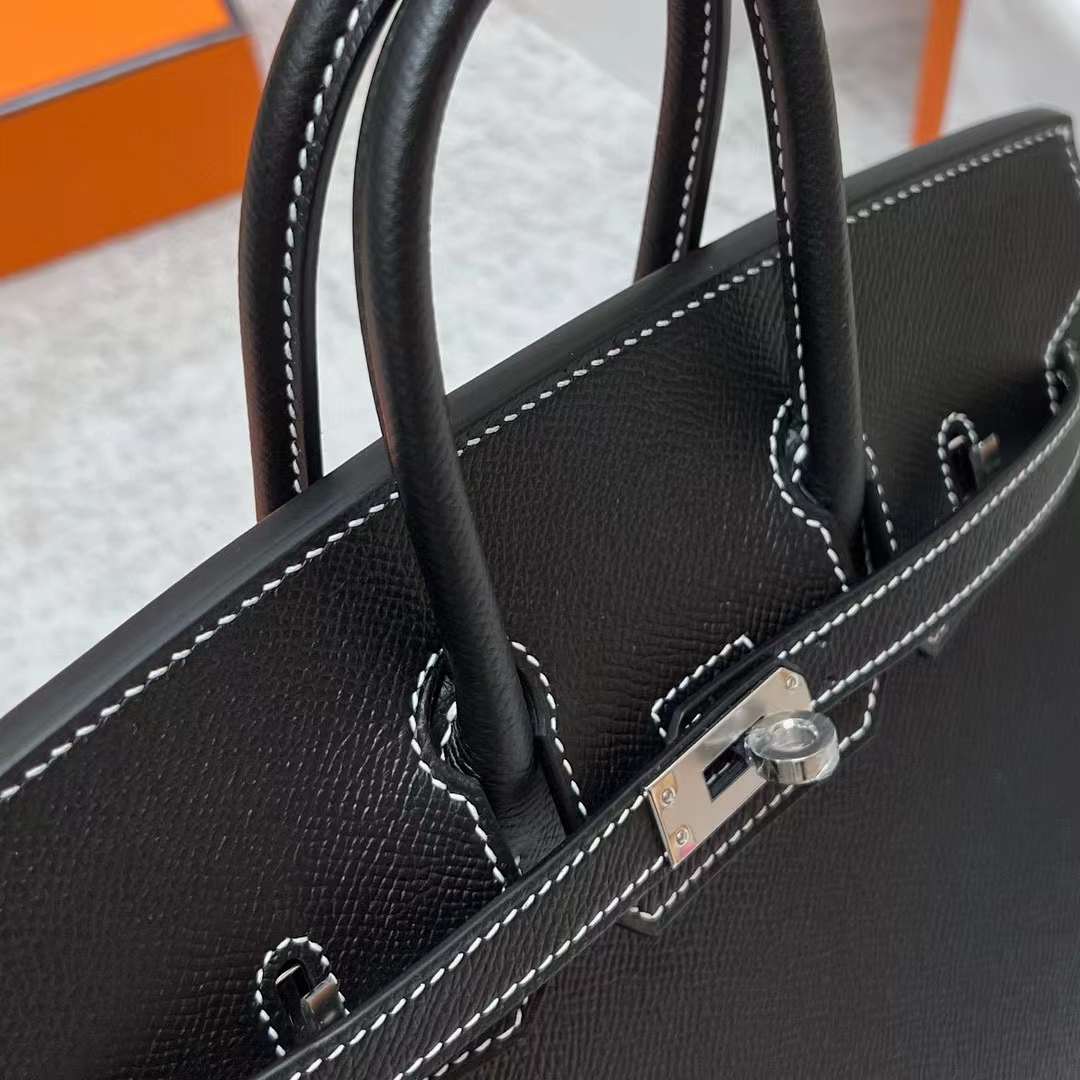 Hermès（爱马仕）Birkin 铂金包 Sellier Epsom Ck89 黑色 走白色线 银扣 25cm 全手工蜡线缝制 Phw