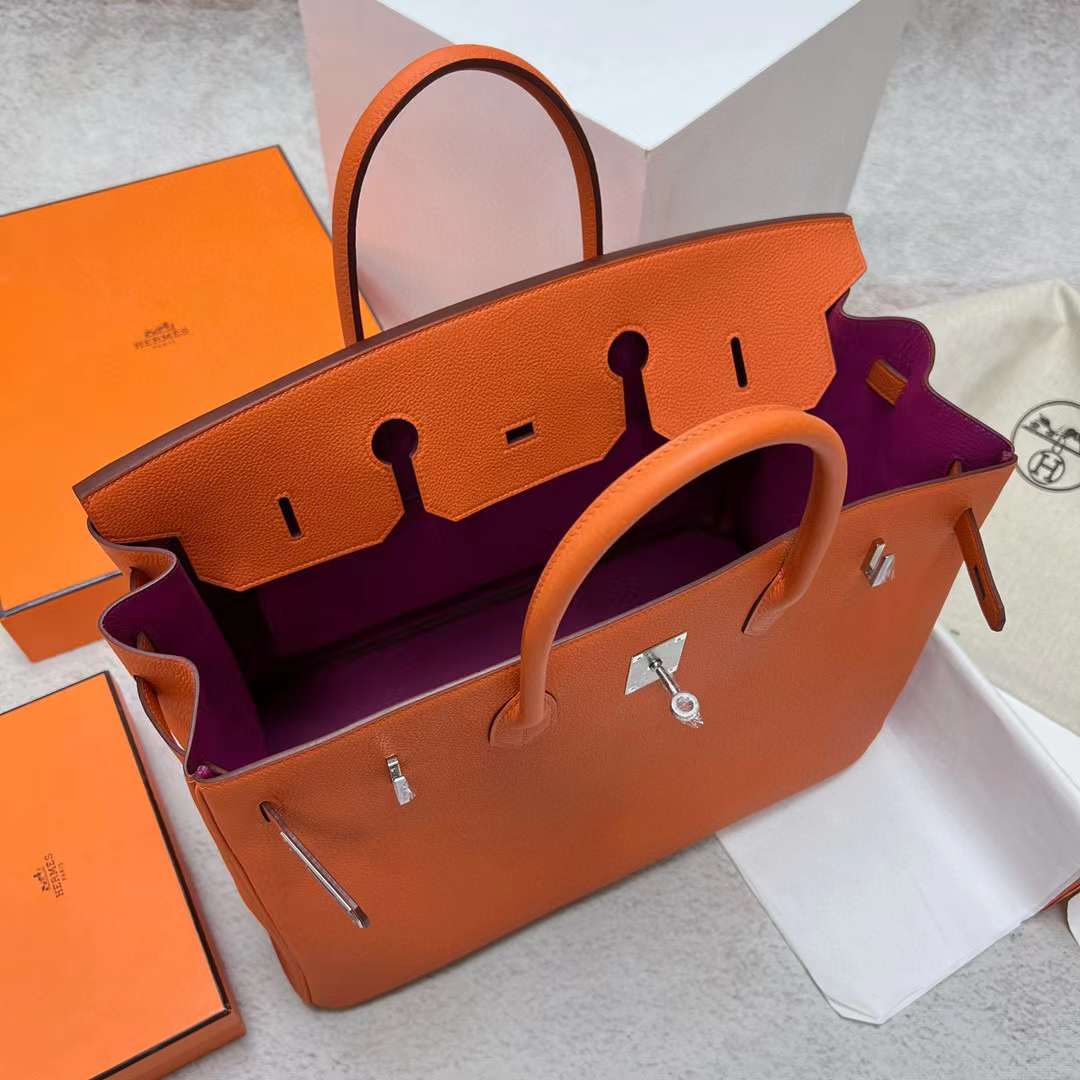 Hermès（爱马仕）Birkin 铂金包 Togo Ck93 橙色 内拼 玫瑰紫 银扣 40cm 全手工蜡线缝制 Phw