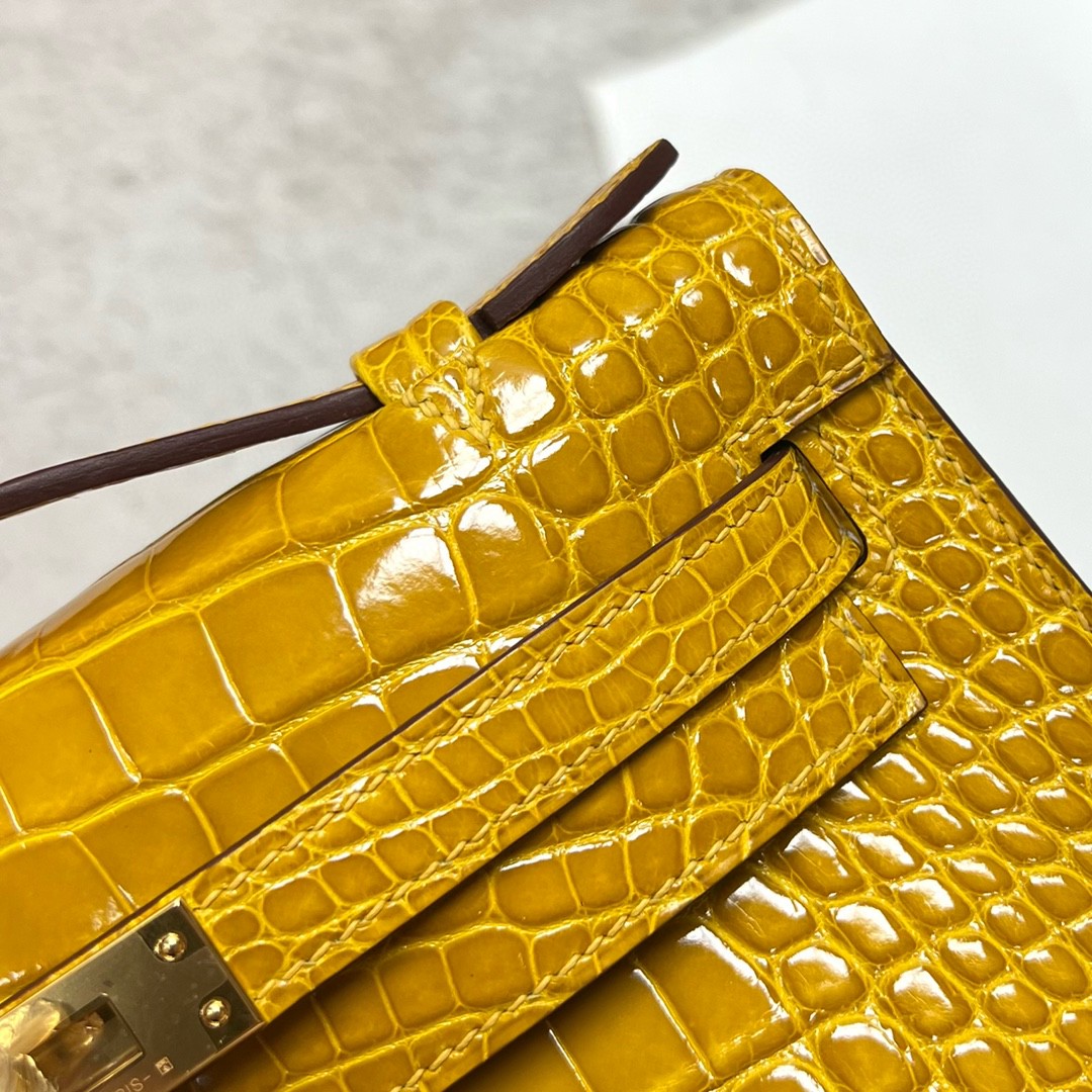 Hermès（爱马仕）Mini pochette Alligator shiny 亮面鳄鱼皮 9D 琥珀黄 Ambre 金扣 GHW 22cm 手拿包 晚宴包