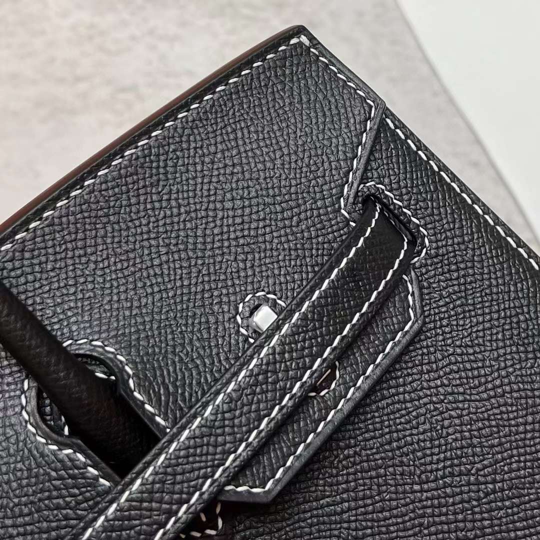 Hermès（爱马仕）Birkin 铂金包 Sellier Epsom Ck89 黑色 走白色线 银扣 25cm 全手工蜡线缝制 Phw
