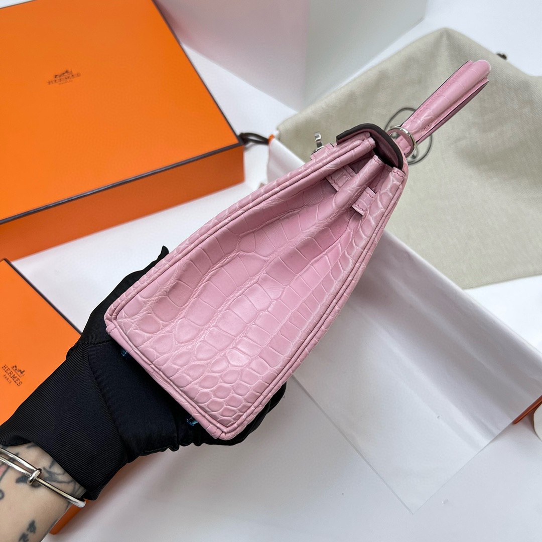 Hermès（爱马仕）Kelly 凯莉包 Alligator matt 雾面美洲鳄鱼皮 5P 樱花粉 银扣 PHW 25cm 顶级手缝