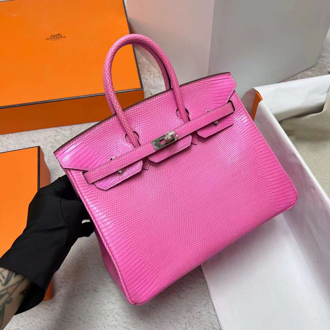 Hermès（爱马仕）Birkin 铂金包 Lizard 进口蜥蜴皮 芭比粉 银扣 25cm 全手工蜡线缝制 Phw