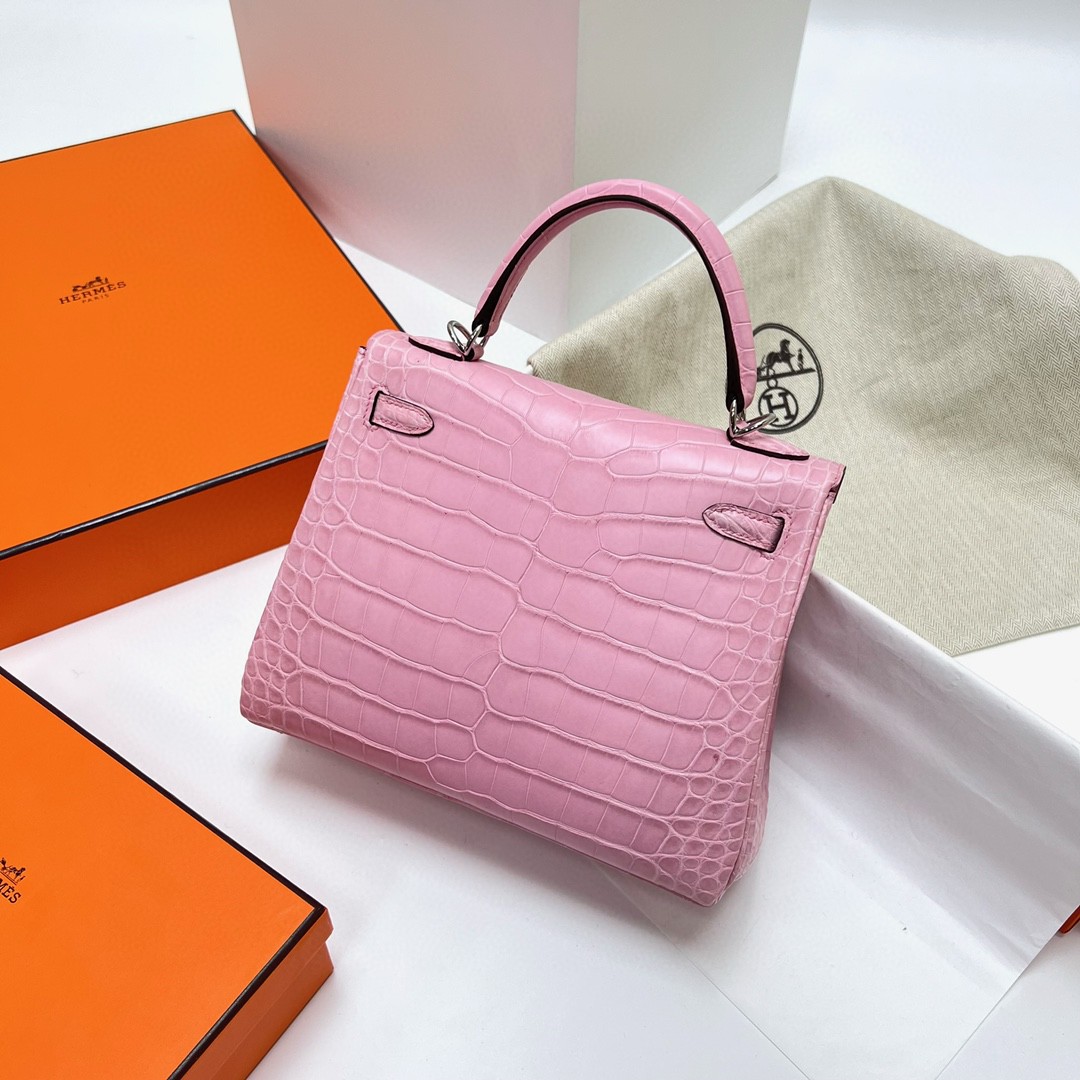 Hermès（爱马仕）Kelly 凯莉包 Alligator matt 雾面美洲鳄鱼皮 5P 樱花粉 银扣 PHW 25cm 顶级手缝