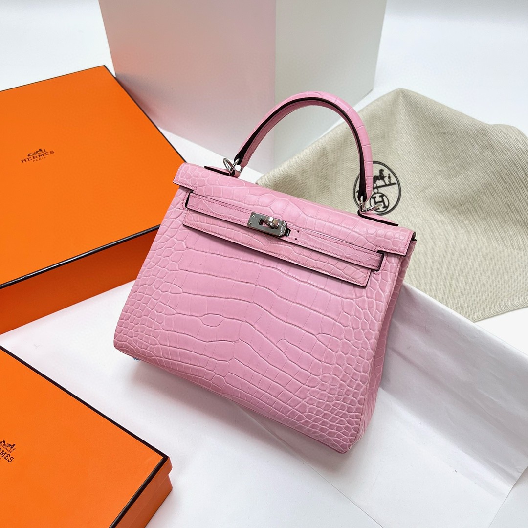 Hermès（爱马仕）Kelly 凯莉包 Alligator matt 雾面美洲鳄鱼皮 5P 樱花粉 银扣 PHW 25cm 顶级手缝