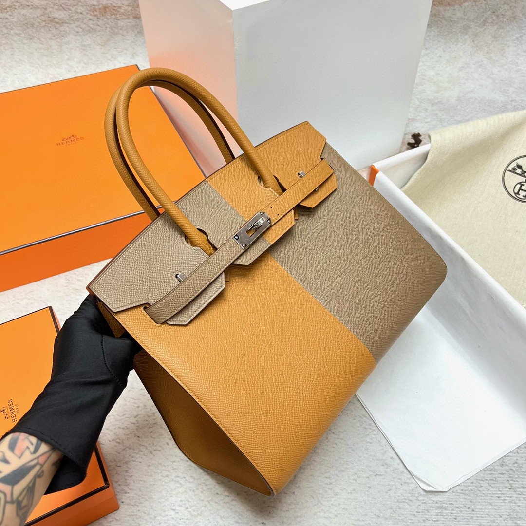 Hermès（爱马仕）Birkin 铂金包 Epsom 原厂掌纹皮 芝麻色 拼 大象灰 银扣 Phw 30cm