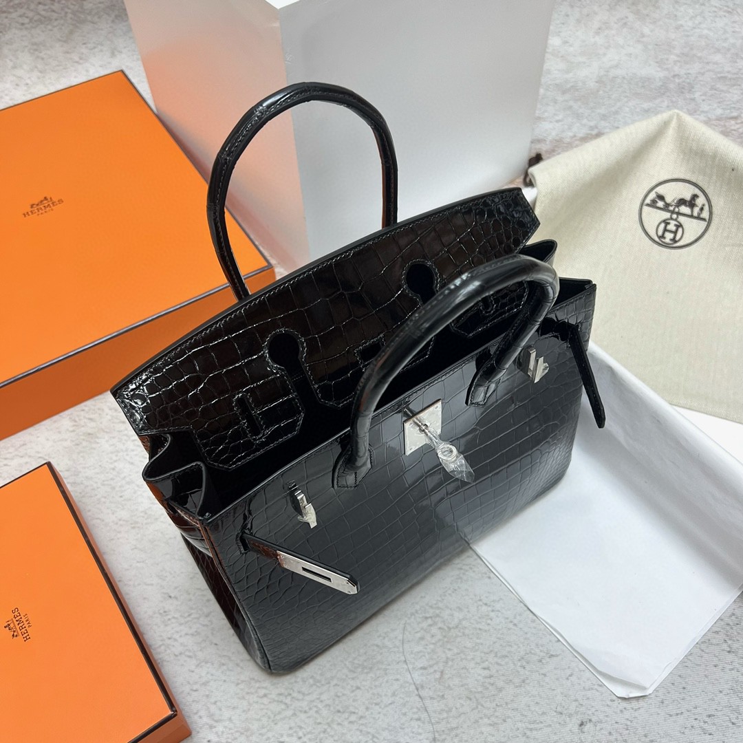 Hermès（爱马仕）Birkin 铂金包 Porosus shiny 亮面鳄鱼皮 ck89 黑色 Noir 银扣 PHW 30cm 顶级手缝