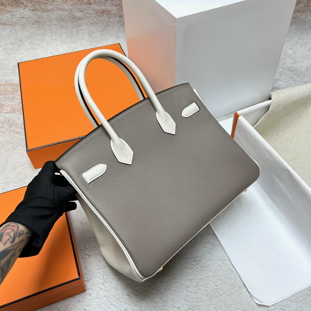 Hermès（爱马仕）Birkin 铂金包 togo 小牛皮 沥青灰 拼 奶油白 金扣 GHW 马蹄印 30cm 顶级手缝