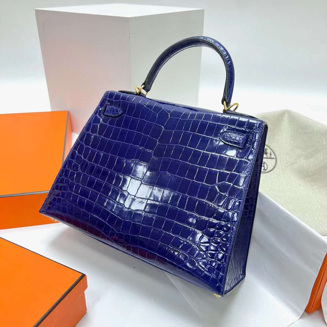 Hermès（爱马仕）Kelly 凯莉包 亮面尼罗鳄鱼皮 Shiny Nilo Crocodile 7T 电光蓝 金扣 28cm 全手工蜡线缝制 Ghw
