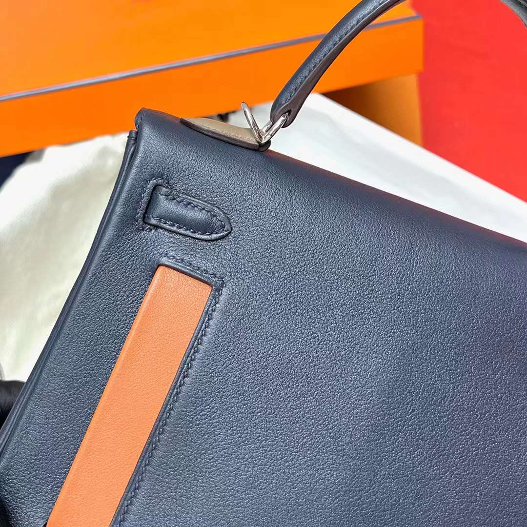 Hermès（爱马仕）Kelly 凯莉包 Colormatic Swift 2Z 午夜蓝 银扣 25cm 全手工蜡线缝制 Phw